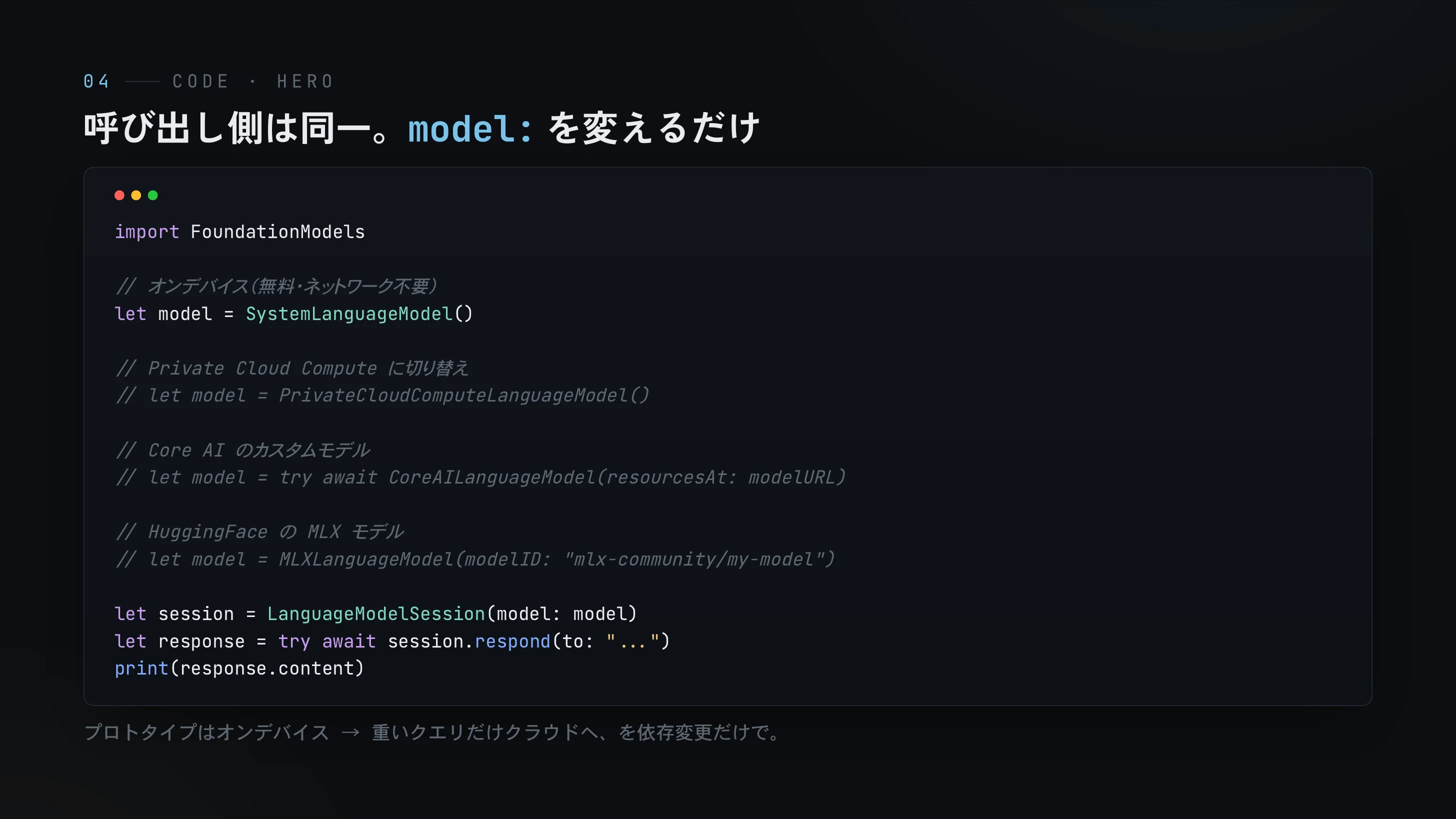 呼び出し側は同一、model: を変えるだけで切り替え。プロトタイプはオンデバイス → 重いクエリだけクラウドへ、を依存変更だけで