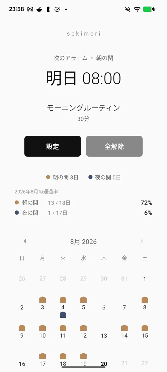 sekimori ホーム画面 — 次のアラーム、月ごとの通過率、カレンダーに並ぶ手形